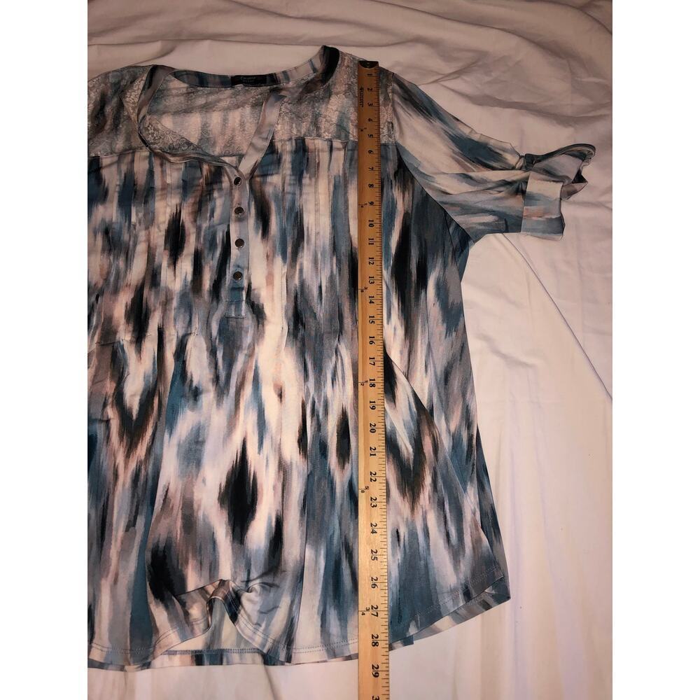 Tunic Top Size XL Lace Pleated Slinky Stretchy Knit Short Sleeve Blue Neutral - Picture 7 of 9